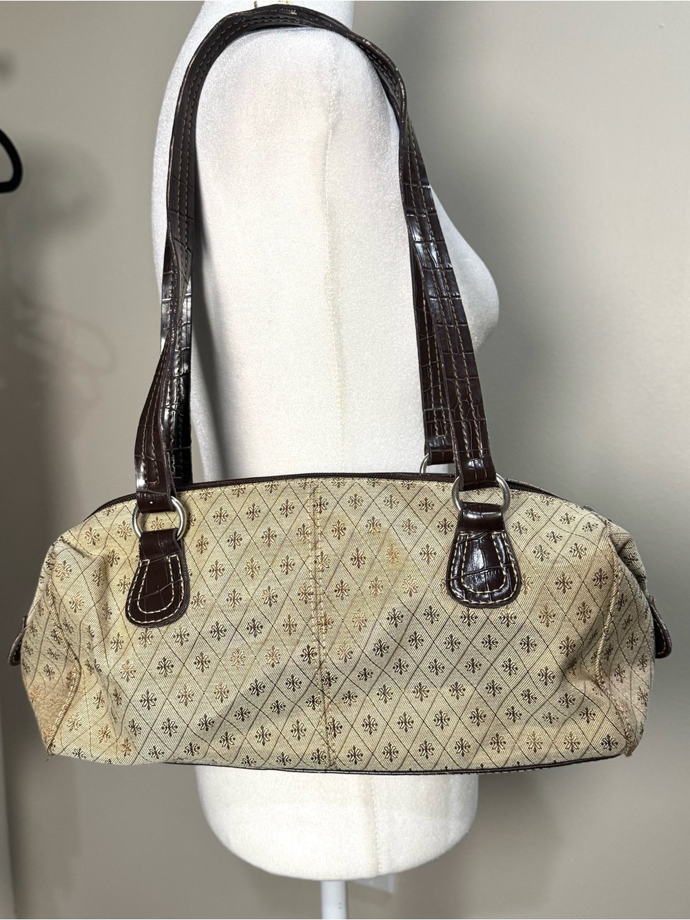 Women’s Beige Medium Patterned Barrel Shoulder Bag with Dark Brown Trim